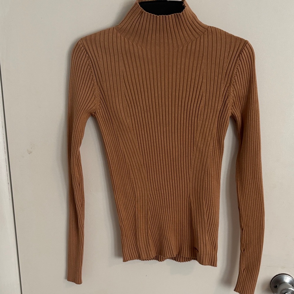 Elie Tahari Ribbed Mock-Neck Sweater in Camel